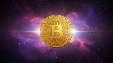 a stunning visualization of bitcoin surrounded by cosmic elements, showcasing the convergence of cryptocurrency and space in a digital universe