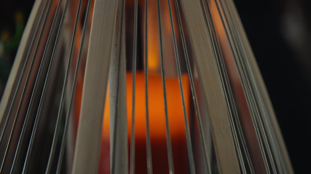 Close-up of a Glowing Candle Inside a Bamboo Lantern