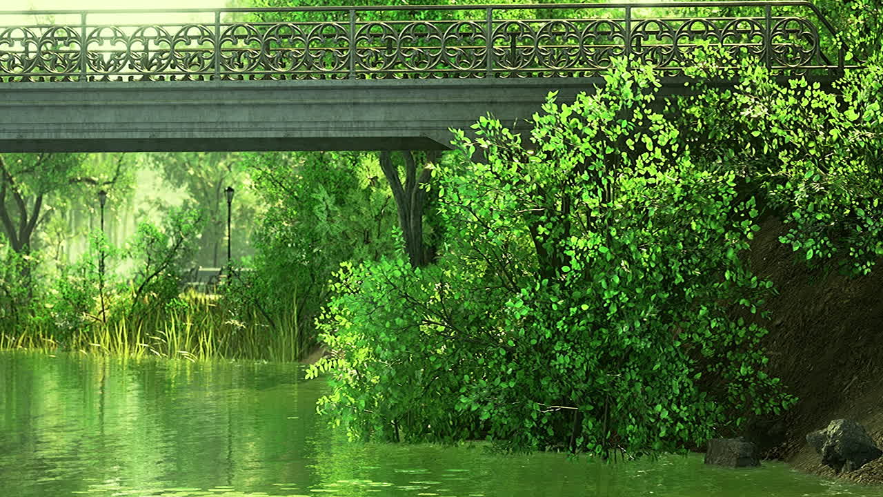 Serenity blooms under the bridge as nature embraces the tranquil waters