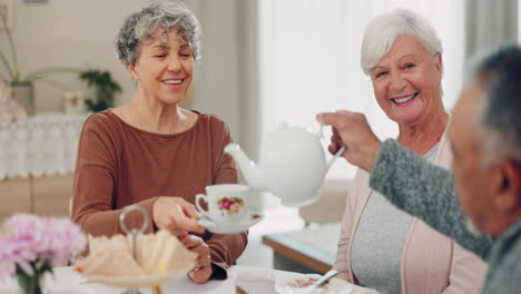 Senior-man,-women-and-pouring-tea-with-care