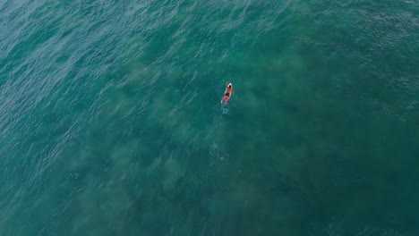 aerial drone footage capturing a lone surfer paddling through the calm waters of the indian ocean during sunset in weligama, sri lanka.