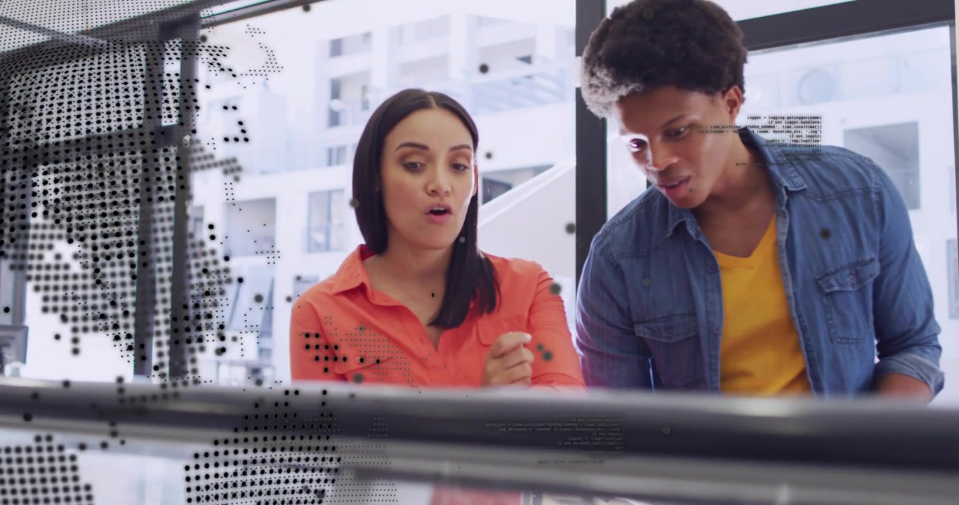 Man and woman at clear display, analyzing overlay and tapping spot to decide business strategy