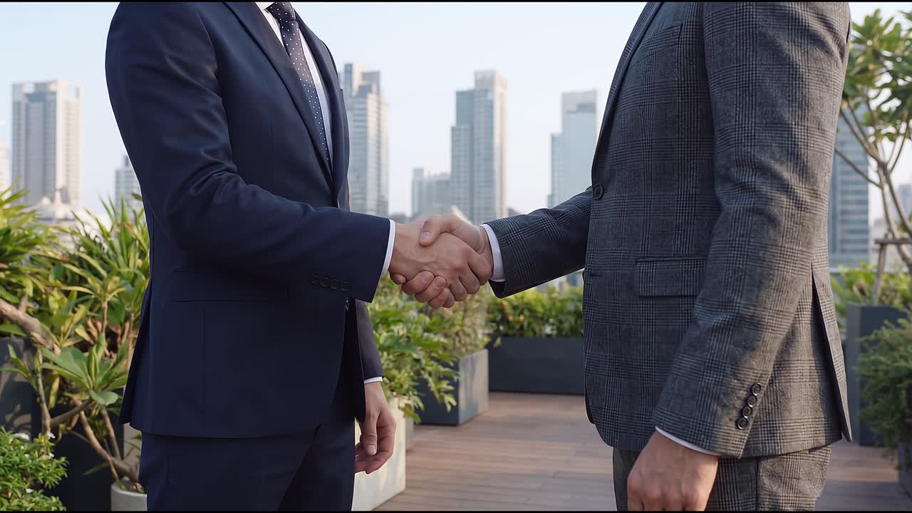 Professionisti aziendali che si stringono la mano su una terrazza con vista sullo skyline della città, simboleggiando un accordo di successo