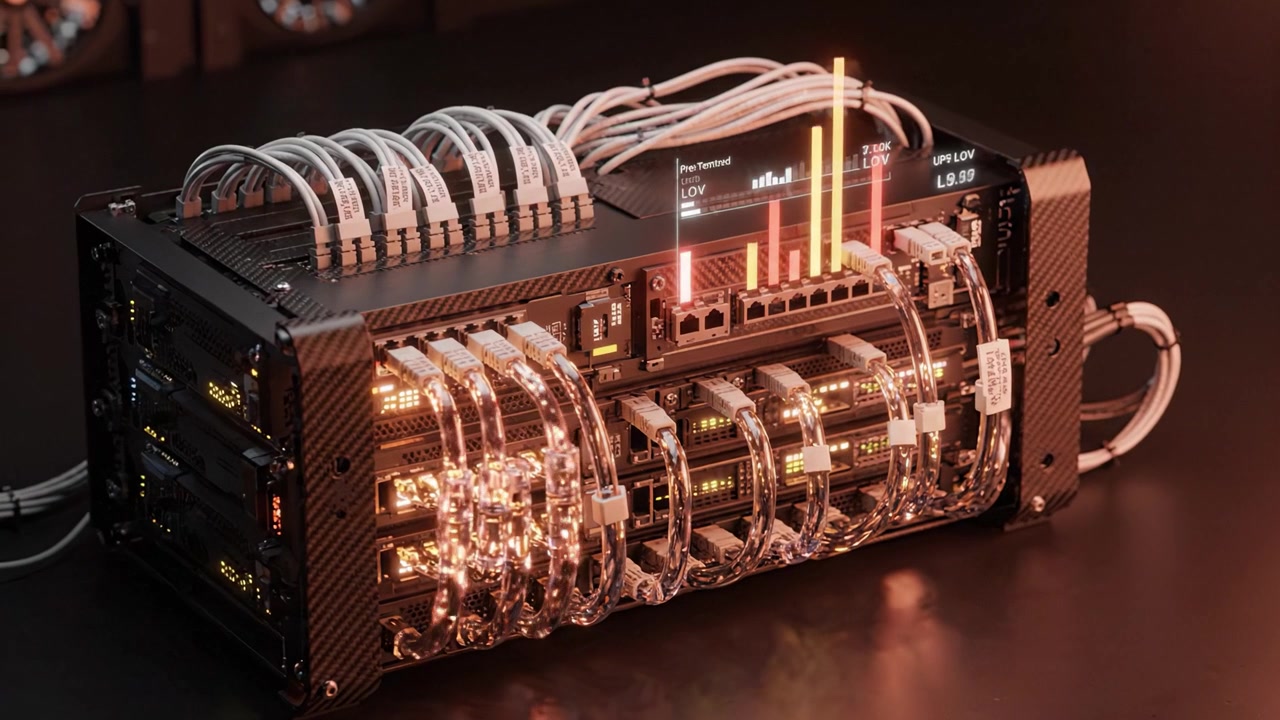 High-Performance Computing Server with Illuminated Cables and Diagnostic Display for Advanced Data Processing and Network Management Systems