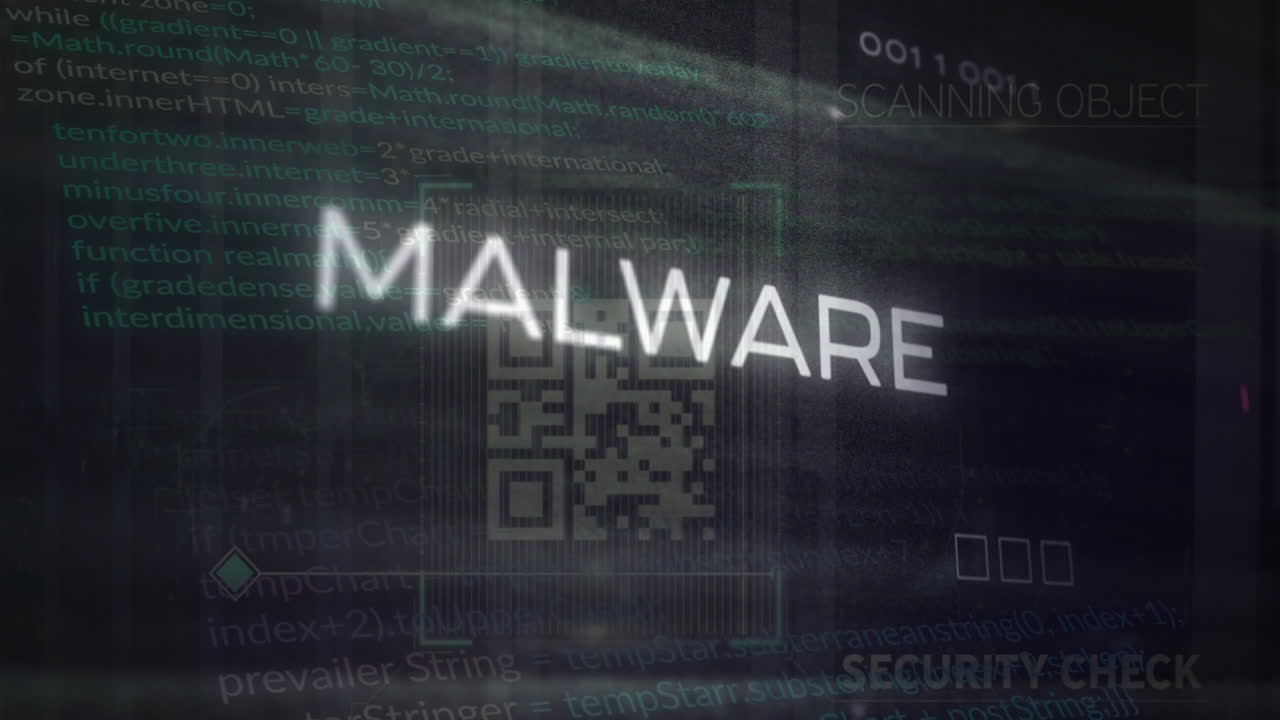 Animation of malware text over motherboard and data processing