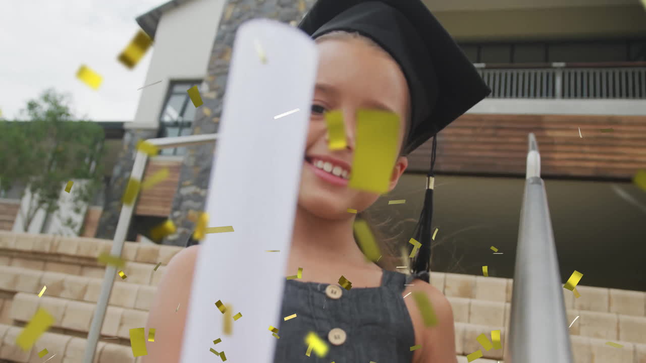 girl wearing graduation cap holding diploma on steps, showing animated confetti and education chart