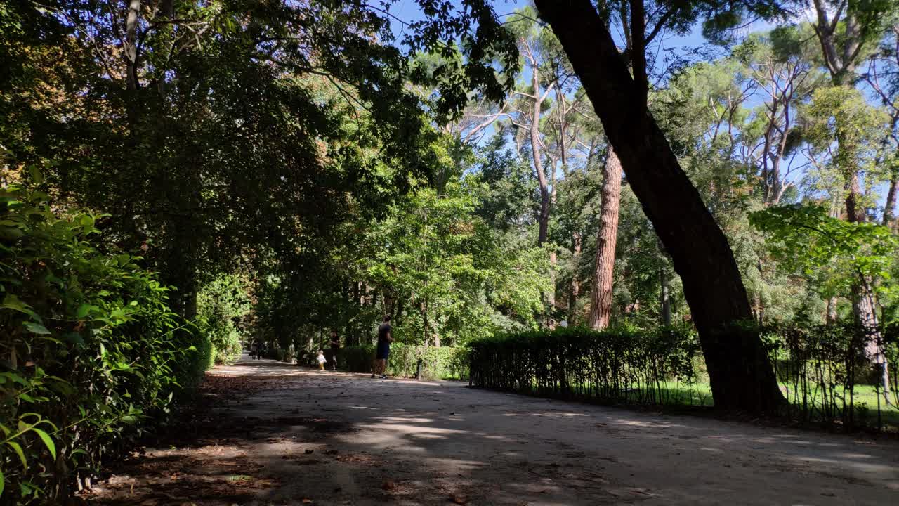 timelapse de gente caminando cubierta por la sombra de los árboles y arbustos alrededor del parque del retiro, madird