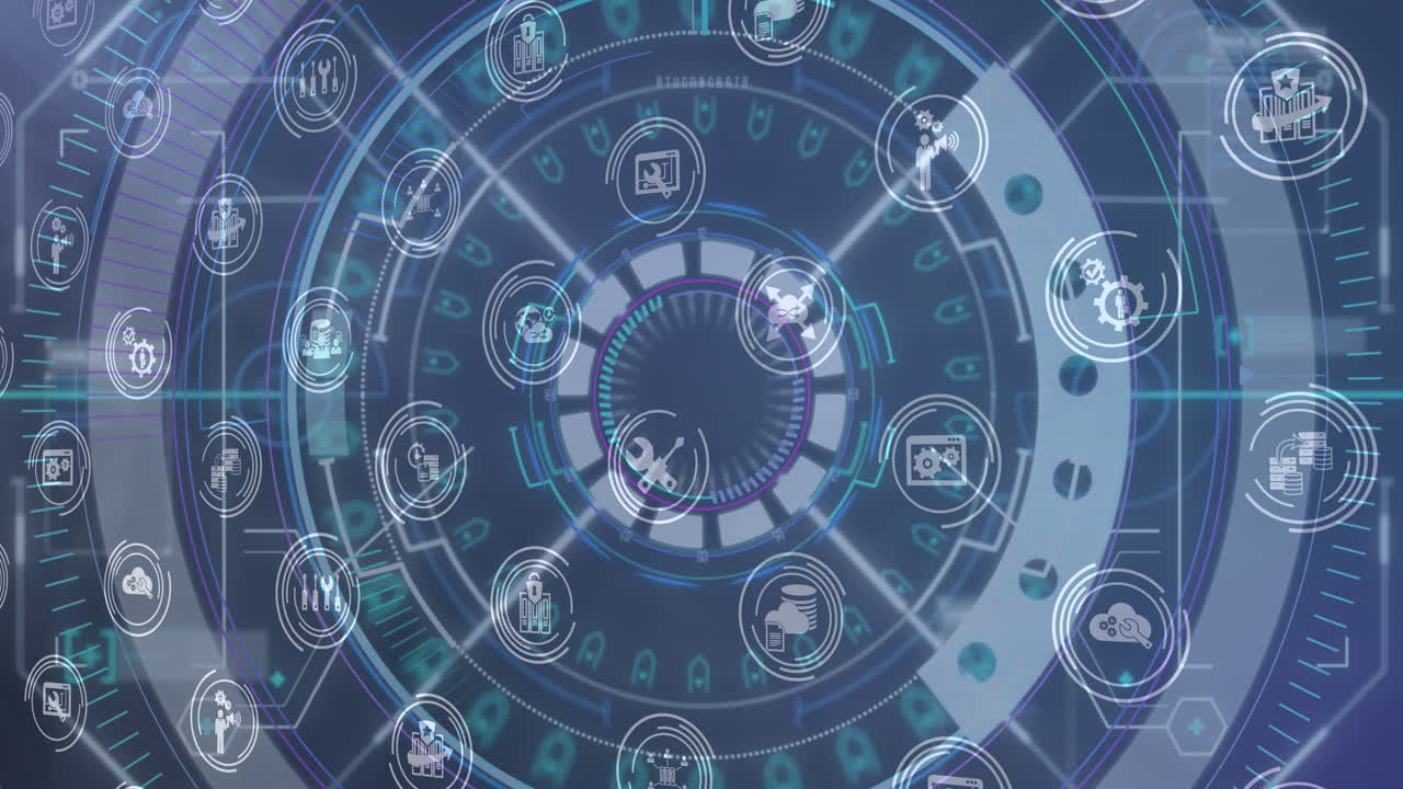 animación digital de iconos digitales en un patrón sin costuras contra un escáner redondo sobre fondo azul