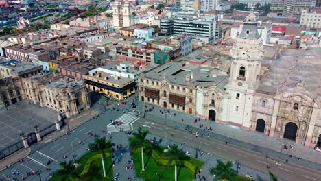 Lima-Peru-downtown-square-360-aerial-view-with-the-cathedral,-president-office,-government,-restaurants-tourism-South-America-politics