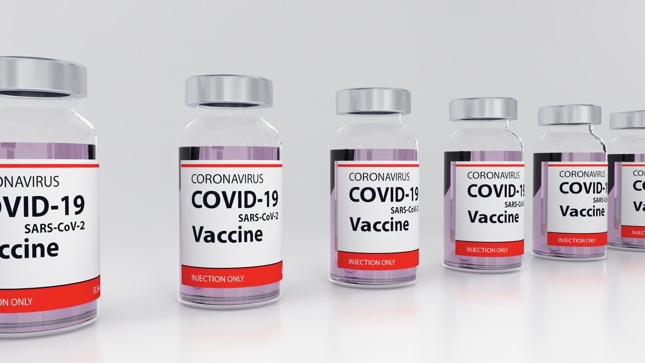 ampollas con vacuna contra el coronavirus en fila contra un bucle de fondo blanco