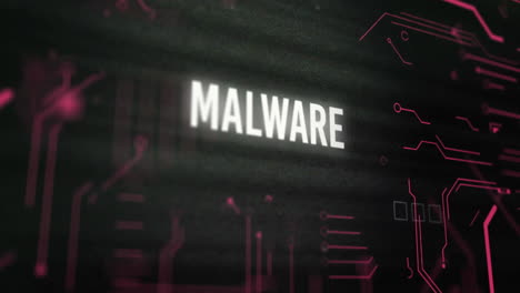 animación de texto de malware sobre fondo oscuro con código binario