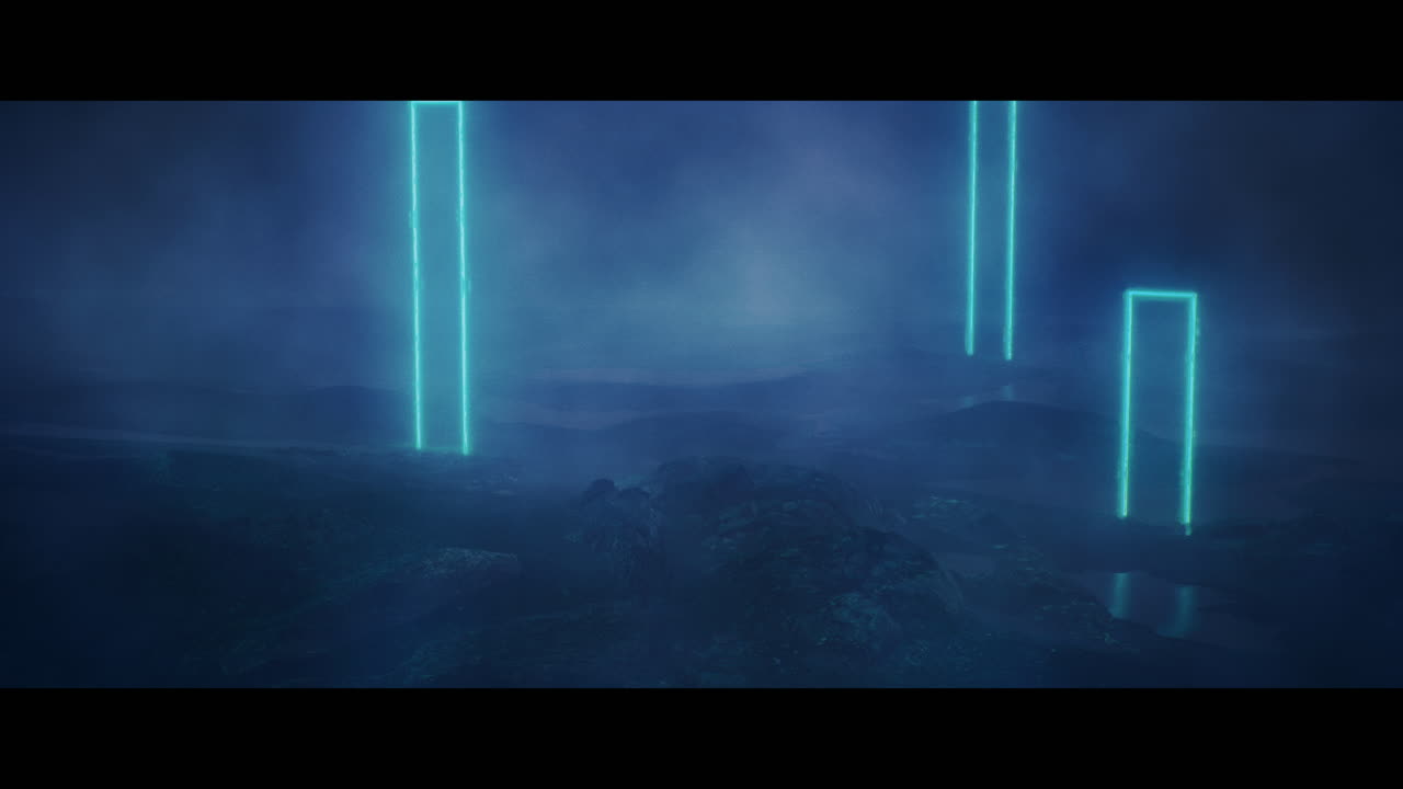 Rocky landscape with huge blue light portal structures