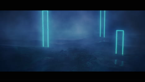 rocky landscape with huge blue light portal structures