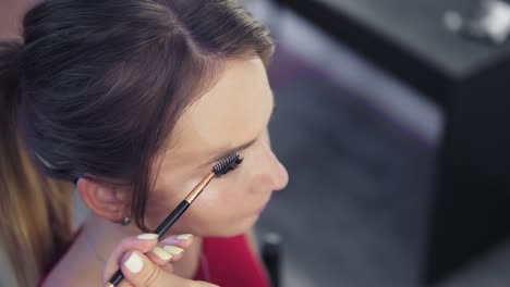 makeup artist paints the eyebrows, doing eyebrow correction. slow motion shot