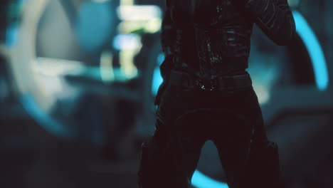 futuristic soldier interacting with advanced technology in a dimly lit room