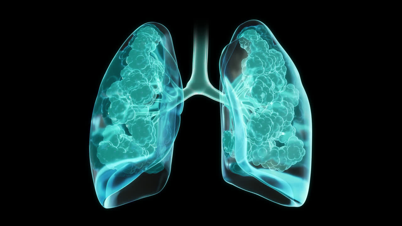 Friske menneskelunger roterer i gjennomsiktig anatomisk fremstilling på alfakanal med synlige bronkier og alveoler.