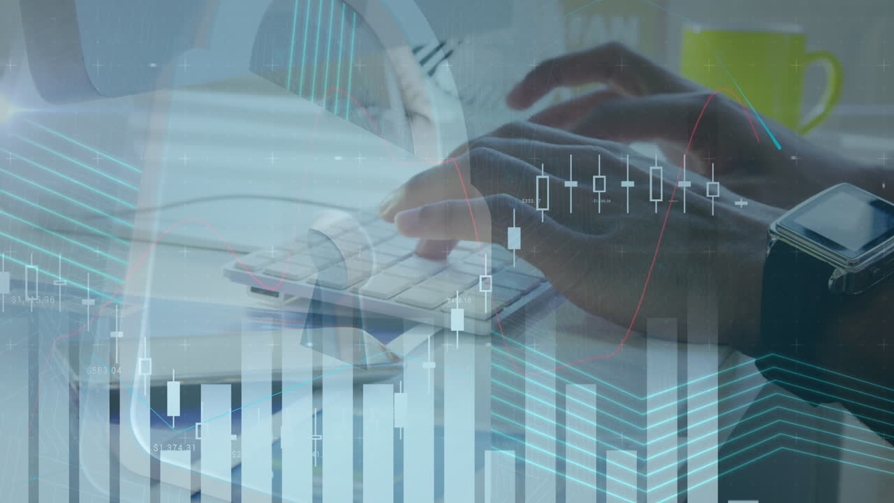 Animation of statistics recording over person typing on computer keyboard