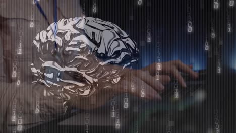 animación de procesamiento de datos y cerebro digital sobre mujer caucásica en la sala de servidores.