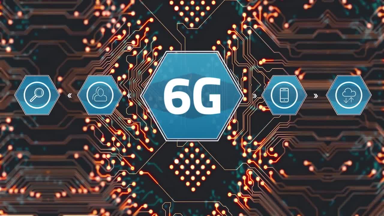 6g text banner and multiple digital icons against microprocessor connections on black background