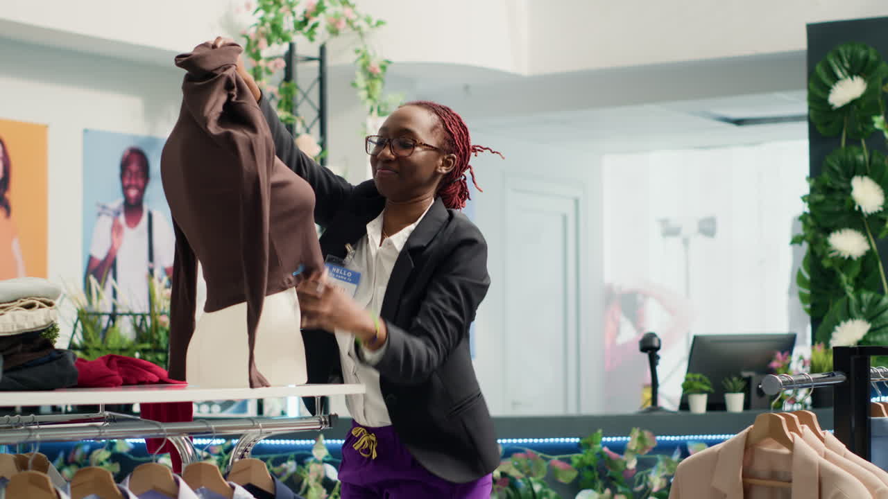 mujer reemplazando la ropa en el maniquí