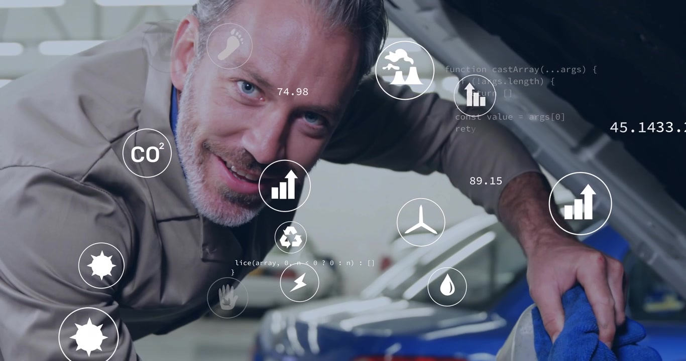 Senior male mechanic gripping funnel pouring oil while icons showing metrics around engine bay
