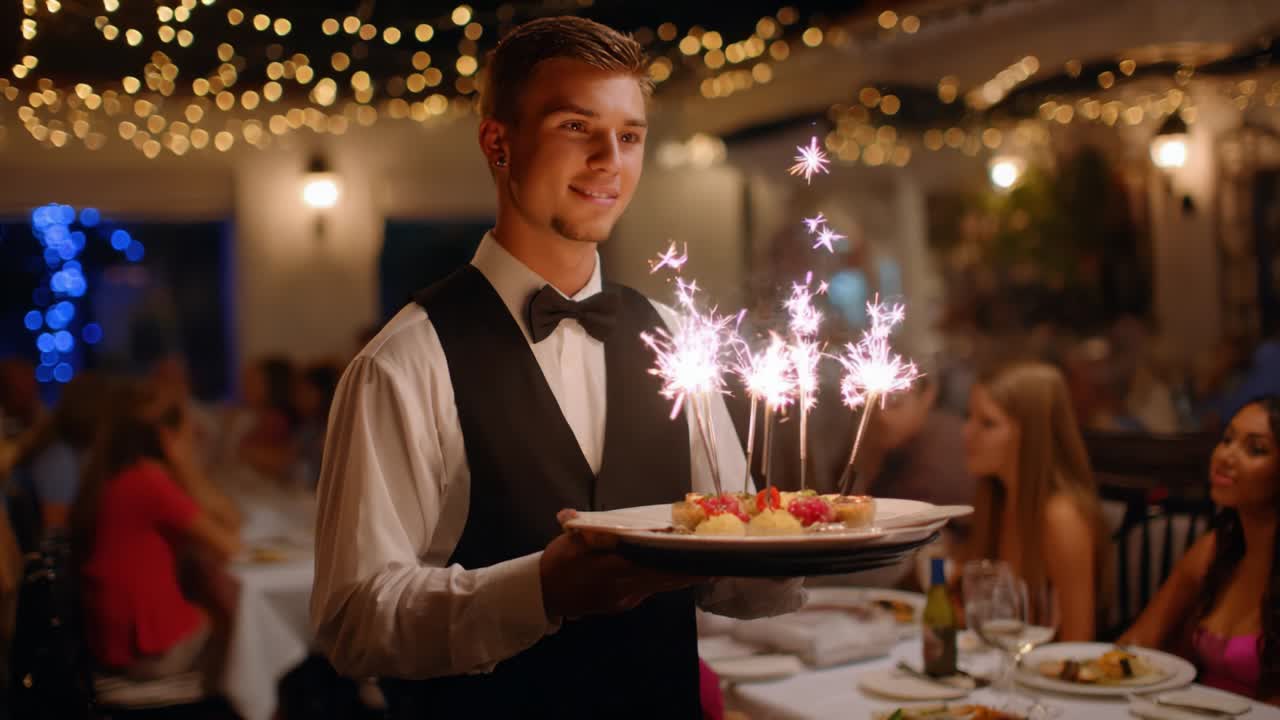 A Skilled Waiter Presents a Stunning Dessert with Sparkling Candles, Showcasing a Magical Dining Experience Filled with Celebration and Joy Amidst a Beautifully Lit Restaurant Environment