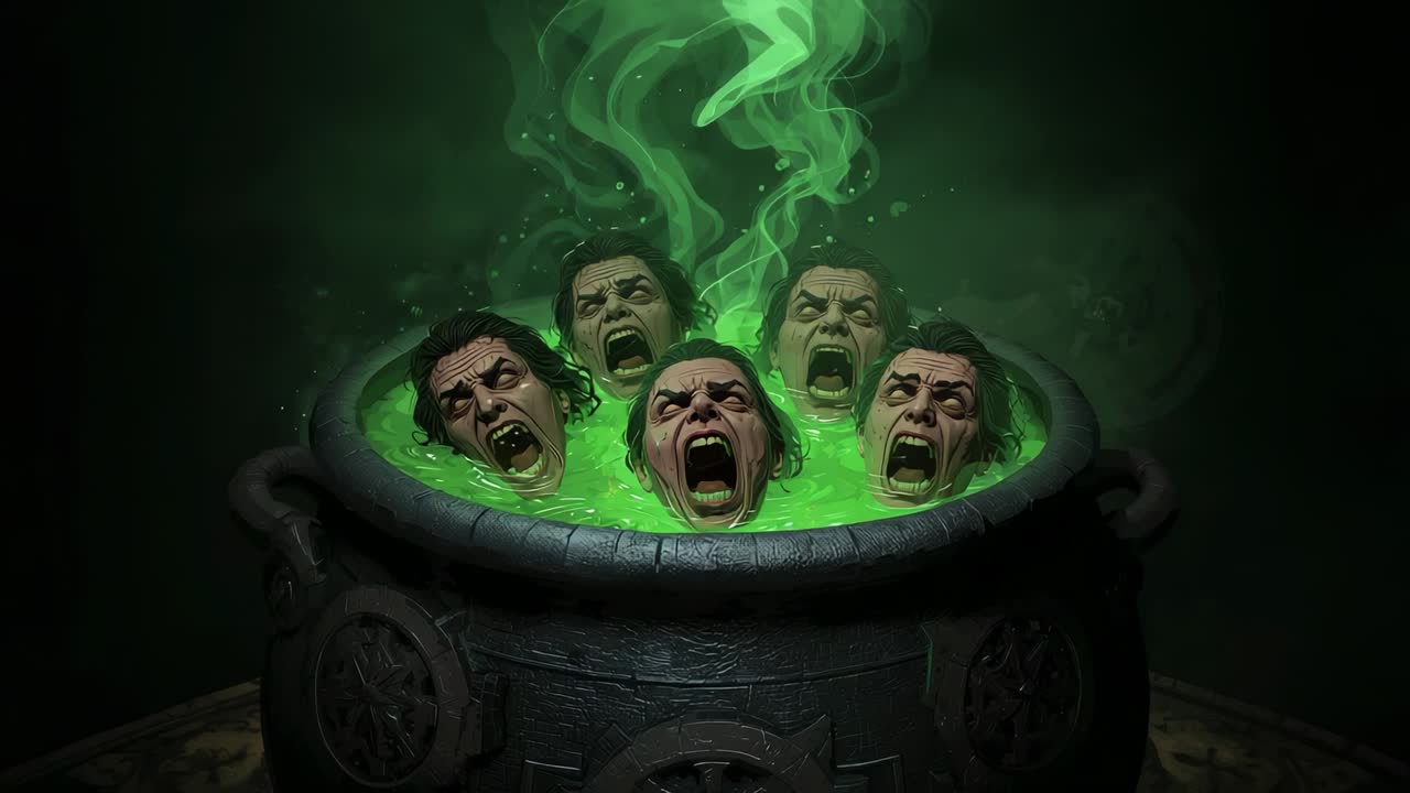 Bubbling green liquid causing severed heads rising from occult cauldron in chamber, with smoke