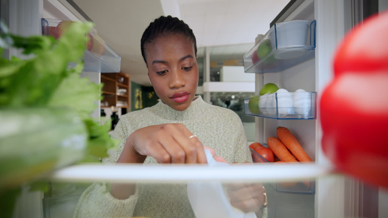 Woman smells spoiled milk in refrigerator