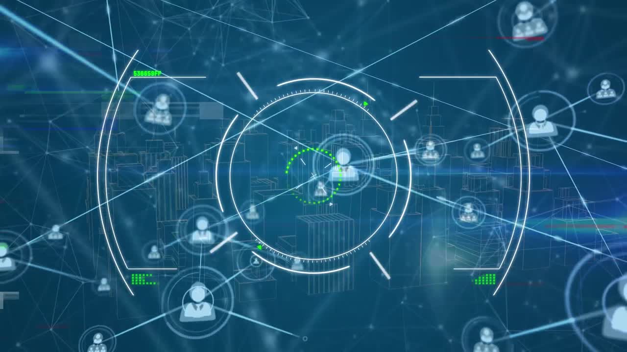 animación de iconos de perfil que se conectan con líneas con escáner sobre modelo 3d de paisaje urbano.