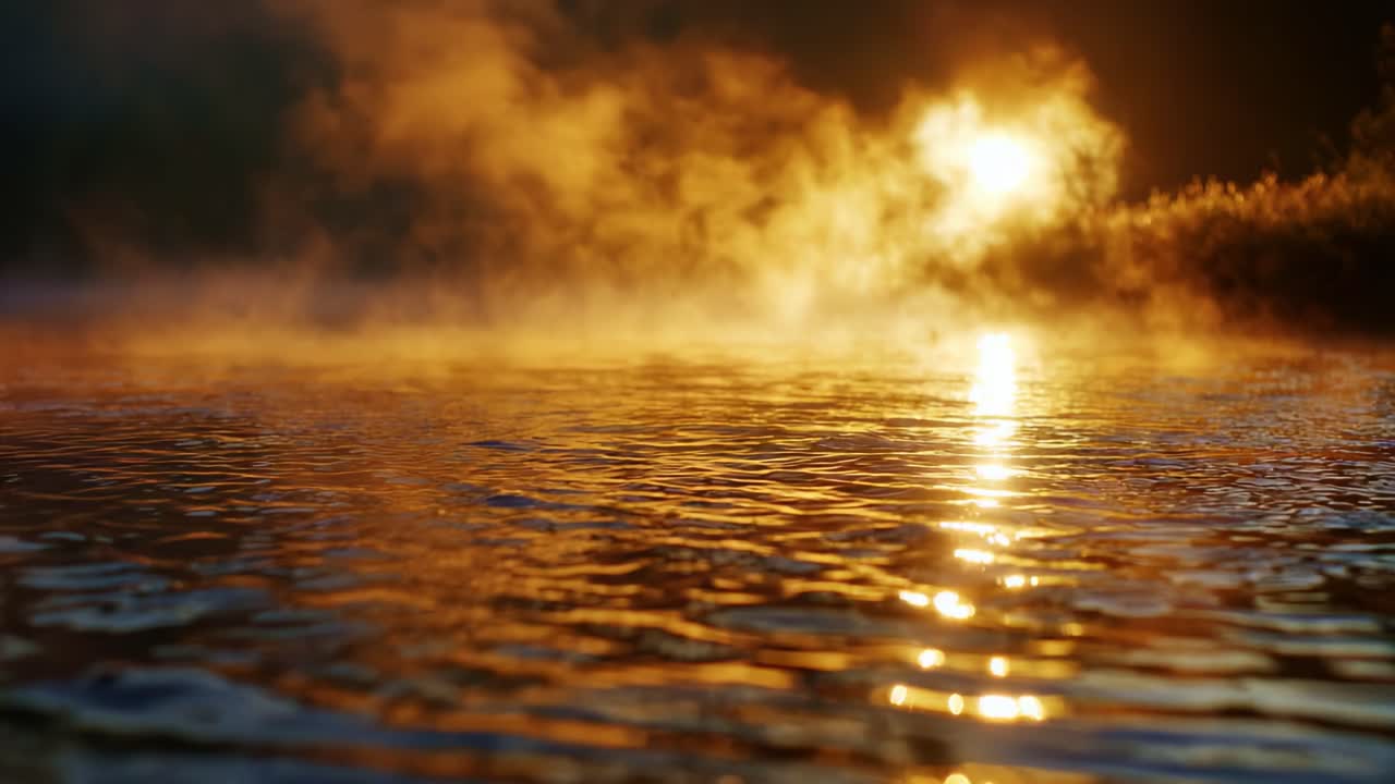 A Serene Sunrise Over Water with Mist and Reflections: Captivating Beauty of Nature's Morning Glow and Tranquility on a Peaceful Water Surface