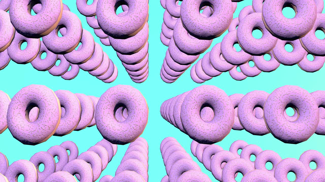 Abstract colorful animation, background of bright donuts. 3D rendering