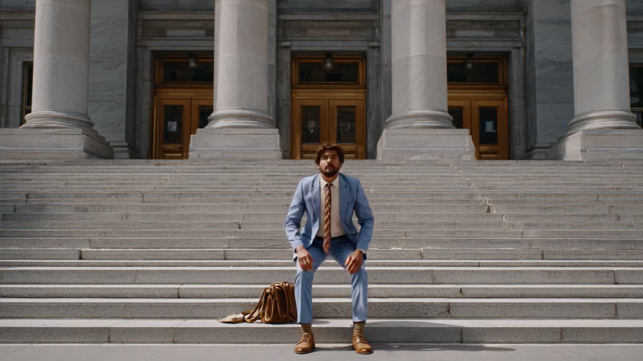 A contemplative moment on the courthouse steps showcases a man in formal attire pondering life's challenges and decisions, captured in two contrasting frames of stillness and resolve