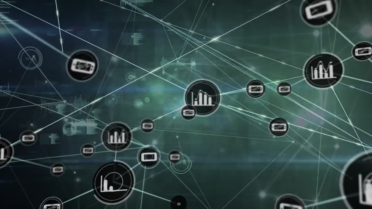 animación de la red de iconos digitales y procesamiento de datos contra un fondo gris.