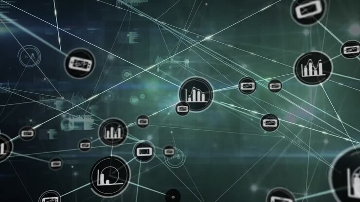 Animation of network of digital icons and data processing against grey background