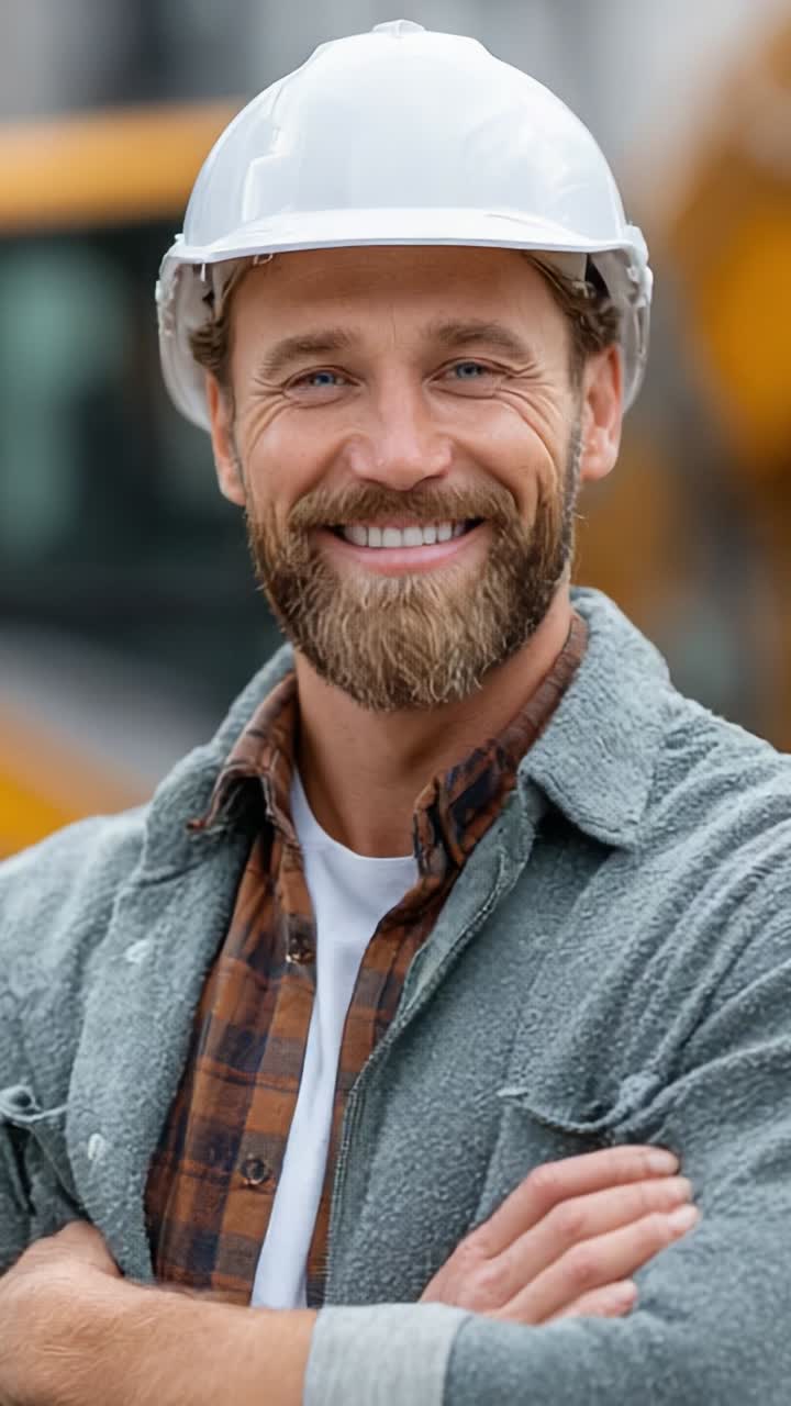 Confident Construction Worker Smiling with Hard Hat, Showcasing Professionalism and Pride in His Work Environment and Safety Standards