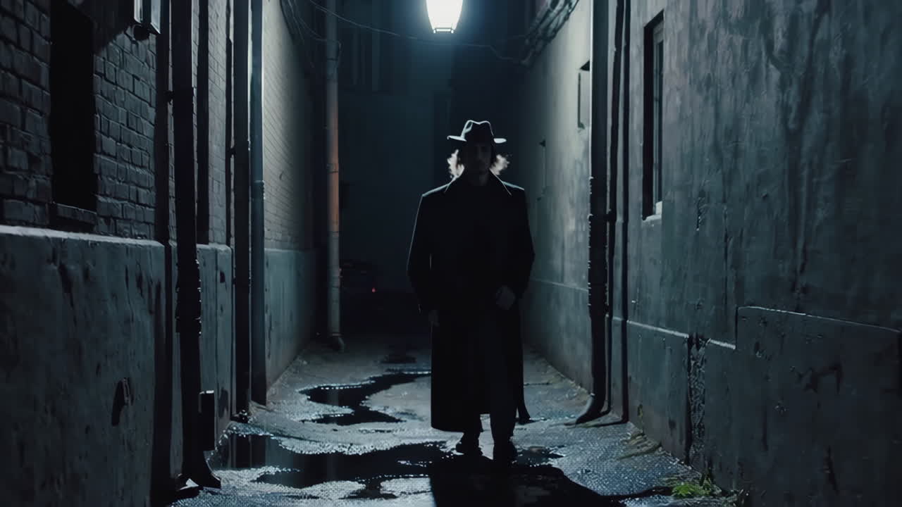A Mysterious Figure Walks Down a Dark Alley at Night