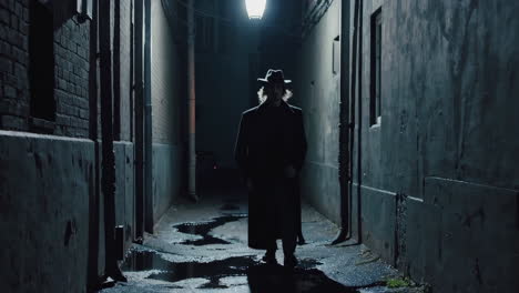 a mysterious figure walks down a dark alley at night