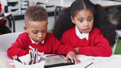 A-girl-and-and-boy-drawing-with-a-tablet-computer-and-stylus-in-infant-school-class,-close-up