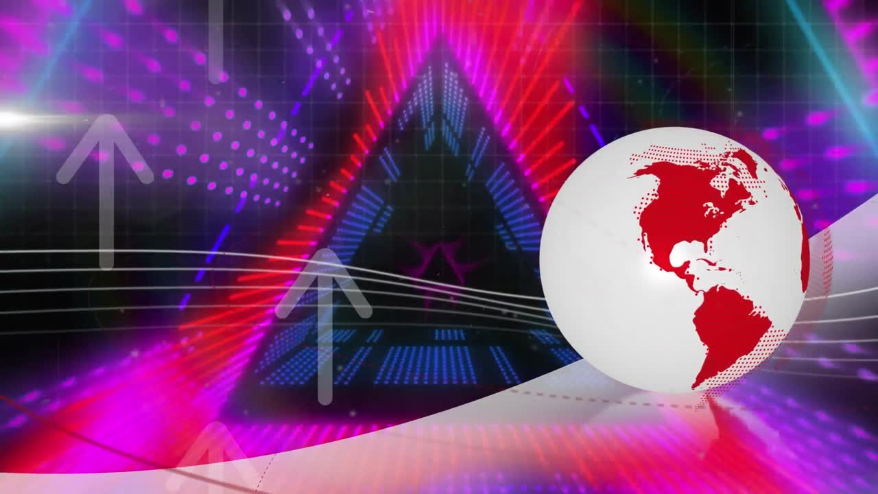 회전하는 지구와 화살표 아이콘에 대한 원활한 패턴으로 네온 삼각형 모양의 애니메이션