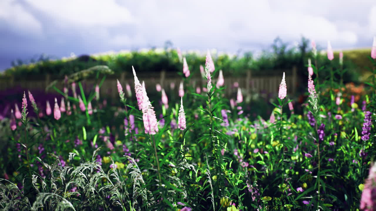 Vibrant wildflowers bloom in a sunny garden during midday in spring