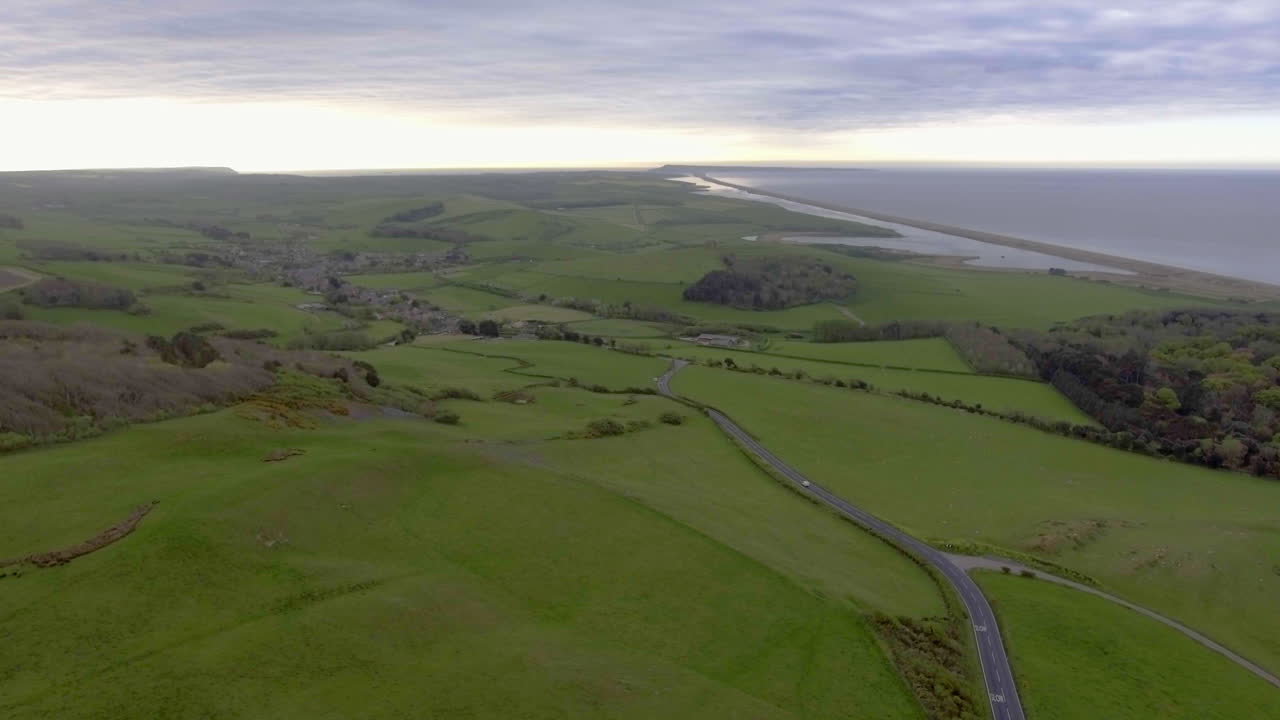 Beautiful aerial drone shot over the south coast of england at Sunrise