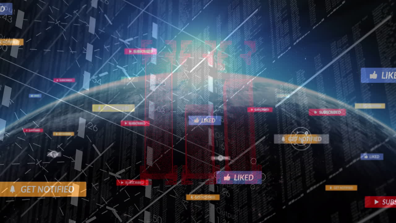 Social media notifications and likes animation over digital globe and binary code