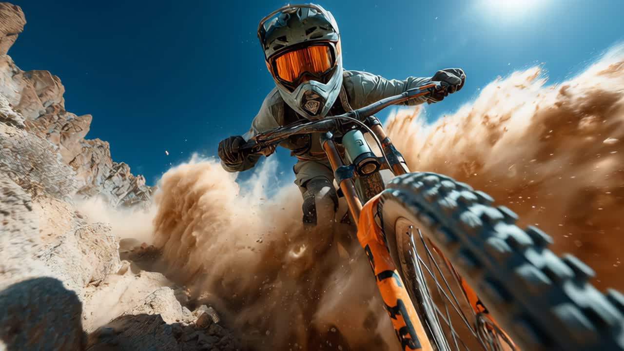 Adventurous hill descent dirt bike rider in action