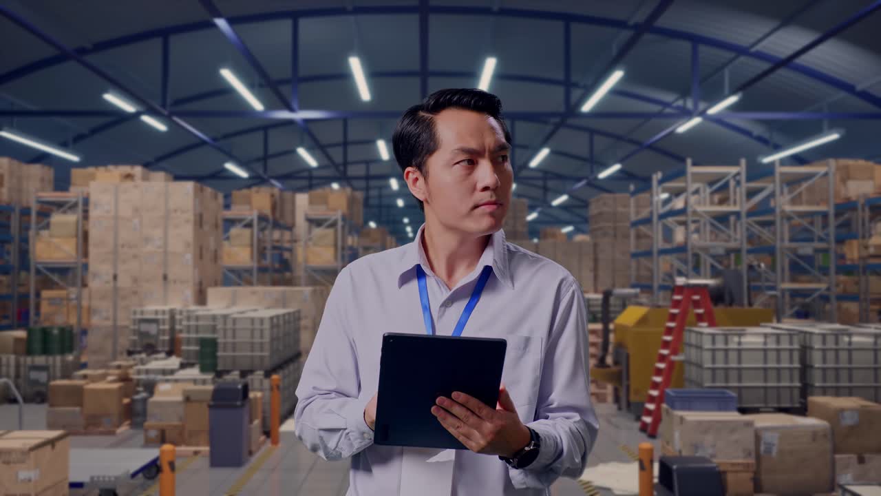 Asian Male Professional Worker Standing With His Tablet in Warehouse with Rows of Shelving, He Observes By Looking Around Before He Come To Concentrating With His Tablet