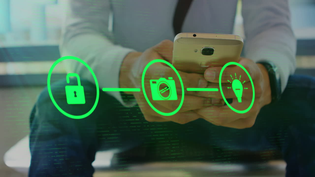 animación de diagrama de flujo sobre la sección media del hombre de negocios caucásico desplazándose en el teléfono inteligente