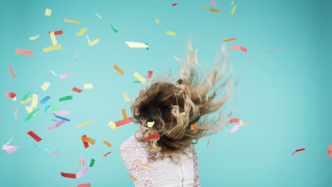 Beautiful-woman-dancing-in-multicolored-confetti-slow-motion-party-photo-booth