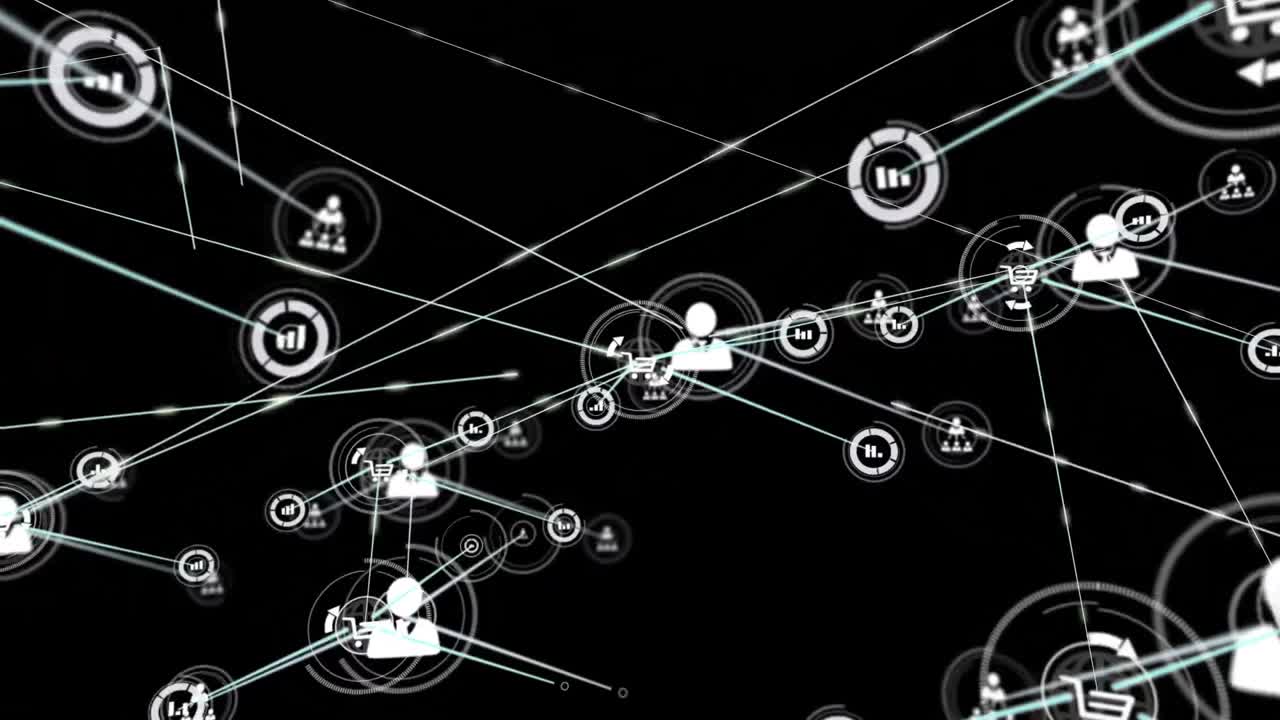 animación de la red de conexiones con iconos sobre fondo negro
