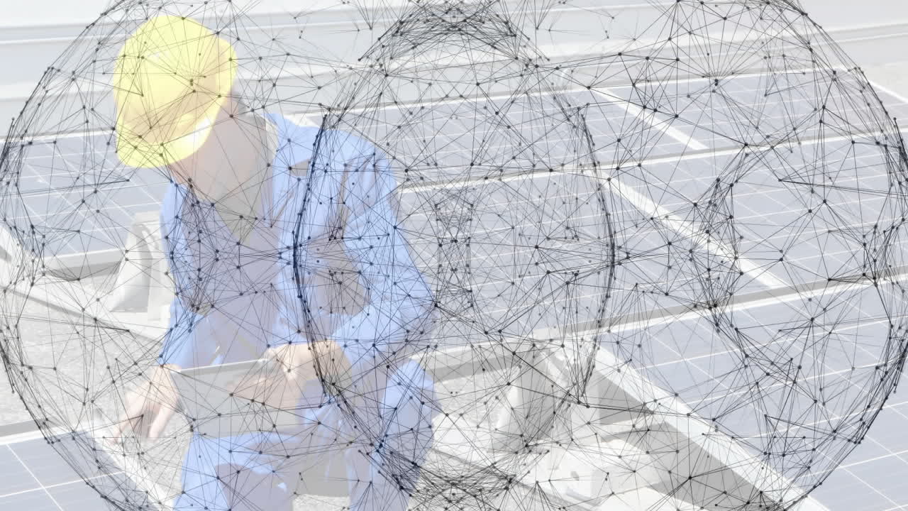 Technician kneeling rooftop pointing solar panel holding tablet, displaying renewable energy sphere