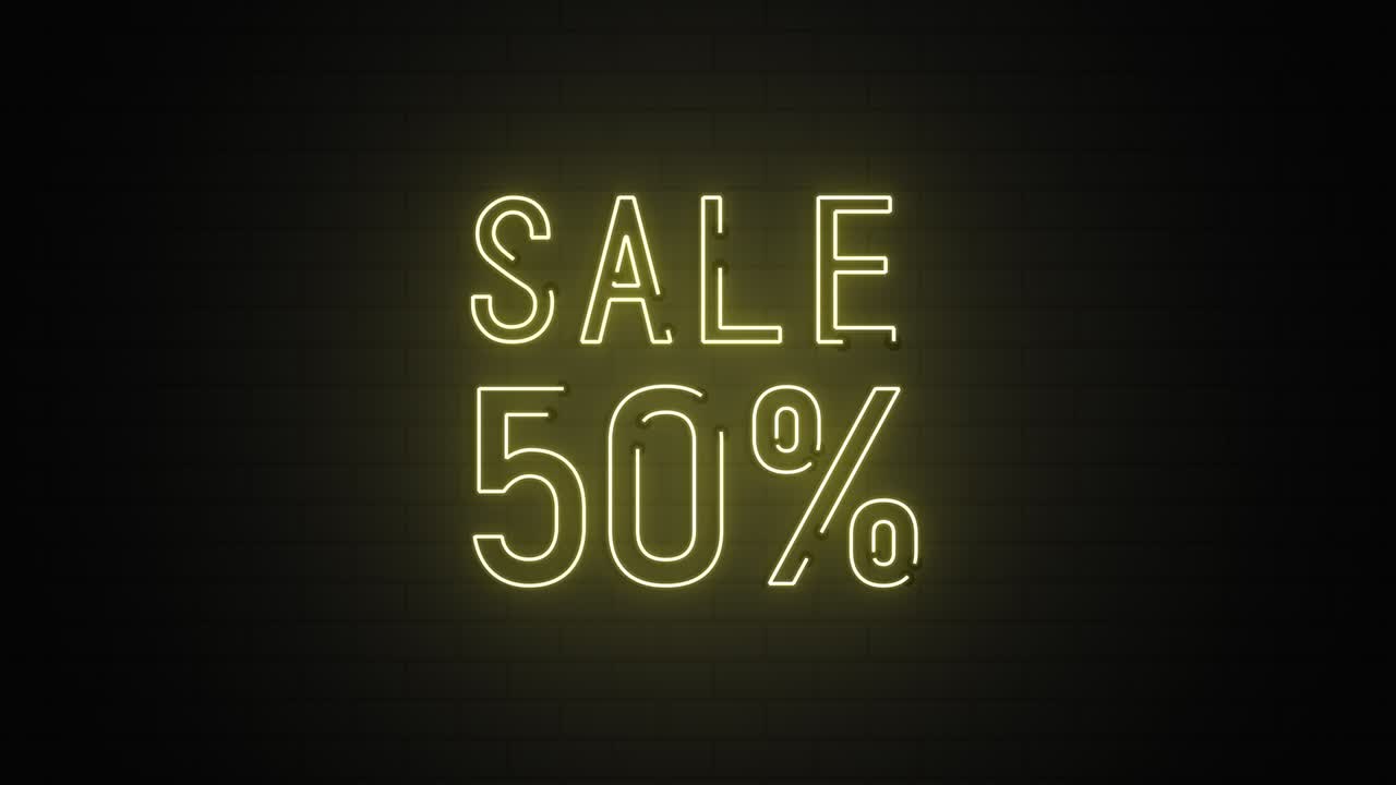 tienda de descuento 50% cartel de color amarillo neón en animación de fondo de pared de ladrillo.