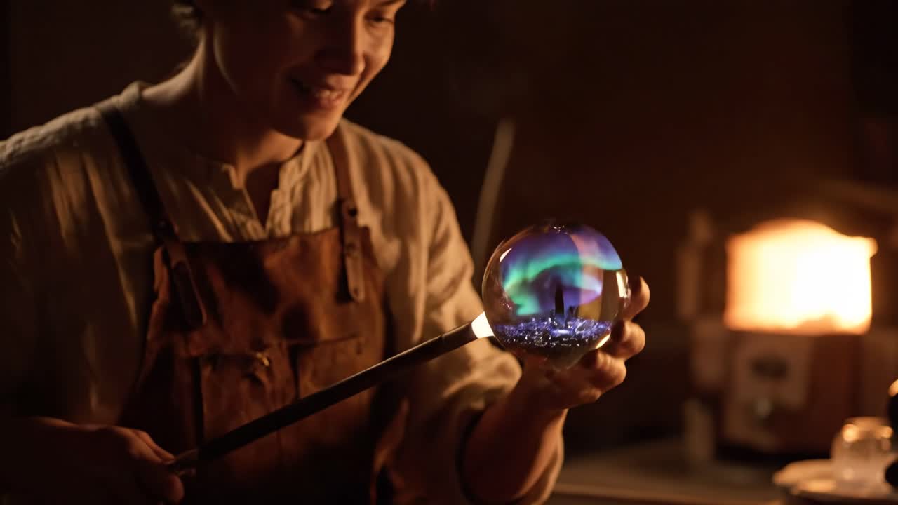 Glassblowing artisan creating aurora borealis scene in glass